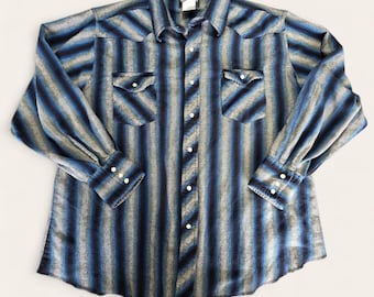 Wrangler Vintage Mens Western Pearl Snap Shirt Blue Stripe Long Sleeve Large