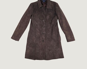 Y2k Genuine Suede Leather Long Car Coat Brown Medium Trench Jacket Vintage