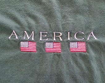 Vintage America Embroidered Tee Shirt Green Patriotic Graphic Unisex Size XL