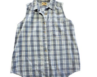 CM Company Women's Sleeveless Plaid Shirt Top Button Down Blue White