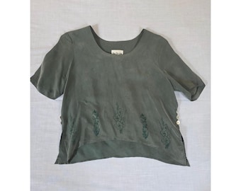 Vintage jaren 90 blouse bloemen Bemberg cupro hoog lage zijknoop 6 saliegroen Boho