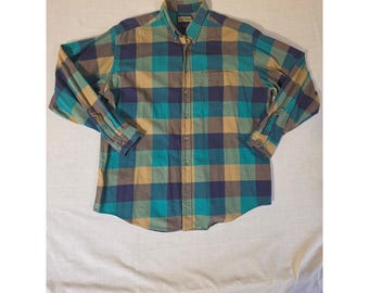 90s Plaid Flannel Button Down Shirt Made in USA XL Teal Purple Grunge Rugged