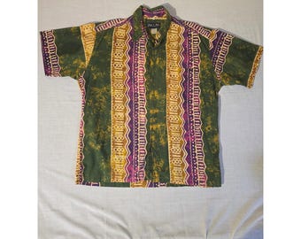 Java Lava Button Down Camp Shirt Batik Tribal XL Green Purple Boho Festival 90s