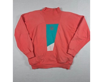 Vintage Recreation Sweatshirt Colorblock Mock Neck Pink Teal Small 80s 90s Retro