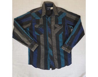 Koszula flanelowa Vintage Wrangler Heavyweight Western Snap Shirt 17-35, niebiesko-szara, XL, lata 80.