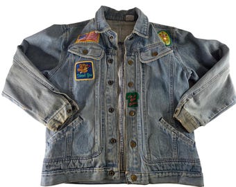 Vintage Girl Scout Patch Denim Trucker Jacket Light Wash Snap Front Large 16 90s