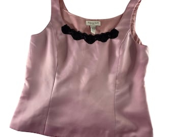 Vintage Pink Satin Tank Top Black Lace Trim Camisole Size 4 Y2K Coquette