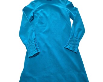 Miss Couture Vintage blauwe jurk met opstaande kraag en lange mouwen, jaren 60 mod