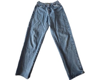 Jeans vintage modello Mom a vita alta affusolata, 100% cotone, taglia 14, lavaggio chiaro, effetto consumato, stile anni '90.