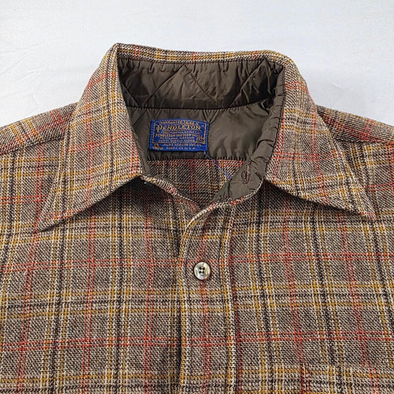 Pendleton Wool Shirt Vintage Plaid Quilt Lined M Brown Tan Workwear USA 70s 80s image 4