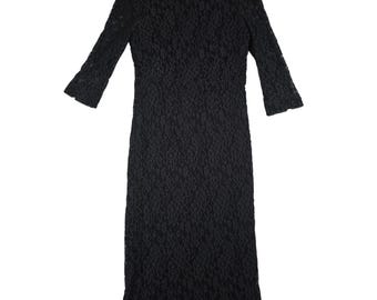 Y2K Floral Lace Midi Dress Sheath 3/4 Sleeve Size 6 Black Vintage Gothic