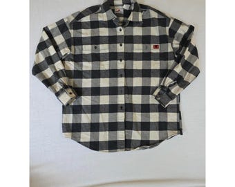 Vintage 90s Flannel Shirt Buffalo Plaid Button Down Medium Black White Mens Top