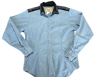Wrangler Silver Lake Vintage Womens Small Denim Western Shirt Suede Black Yoke