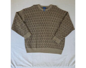 Jersey de punto geométrico vintage Y2K con cuello redondo, talla XXL, color marrón claro, estilo Grandpacore.