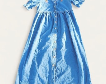 Monique Fashions Denim Maxi Dress Embroidered Gemstone Western 12P Blue Vintage