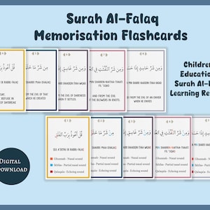 Surah Al-Falaq Flashcards with Tajweed| Surah Memorisation| Surah Memorisation Cards| Easy Surah Memorisation for Kids | Islamic Printable