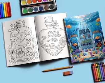 May include: An open colouring book, "Sea Life in Jars Coloring Book with Hidden Treasure", displays line drawings of sea creatures in jars. Colouring pencils, crayons, and a watercolour paint set are arranged around the book on a blue surface.