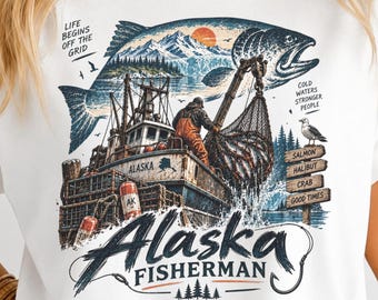 Alaska Fisherman Fishing PNG, Vintage Rustic Maritime Graphic, Commercial Fishing Shirt Design, Distressed Outdoor Sublimation Artwork