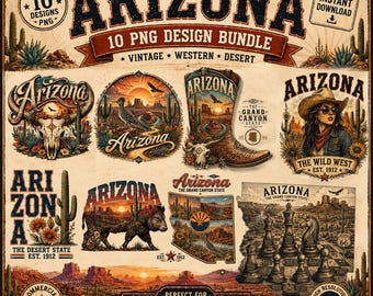 Arizona PNG Bundle, 10 Arizona State PNG Designs, Vintage Western Desert PNG, Grand Canyon Sublimation, Arizona Shirt Png, Retro Southwest