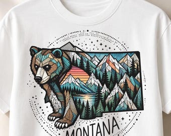 Montana PNG, Geometric Bear State Map Design, Mosaic Mountain Sunset Art, Modern Nature Sublimation, Sublimation PNG File