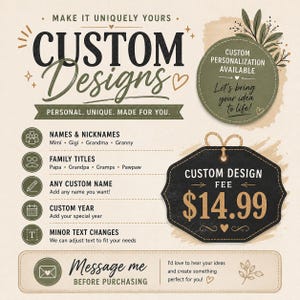 May include: An informational graphic titled CUSTOM DESIGNS featuring a list of personalization options including names, nicknames, family titles, custom years, and text changes. A black tag displays the text CUSTOM DESIGN FEE $14.99.