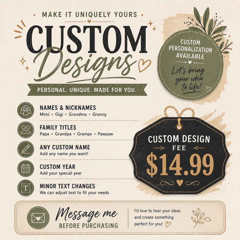 May include: An informational graphic titled CUSTOM DESIGNS featuring a list of personalization options including names, nicknames, family titles, custom years, and text changes. A black tag displays the text CUSTOM DESIGN FEE $14.99.