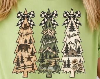 Montana PNG, Three Pine Tree Design, Bear Moose Barn Checkered Bow, Rustic Wood Sign Sublimation, Sublimation PNG File