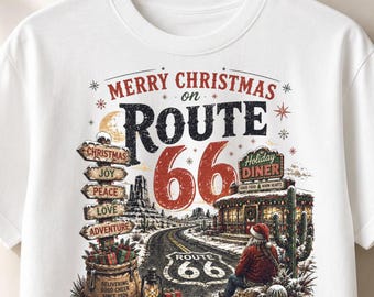 Route 66 Christmas PNG, Vintage Christmas Route 66 Design, Santa Road Trip Shirt Graphic, Retro Holiday Travel Digital Download