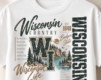 Wisconsin PNG, Badger State Country Design, Lake Cabin Bluff City List, Vintage Collegiate Sublimation, Sublimation PNG File