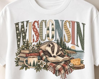 Wisconsin PNG, Cozy Reading Badger Design, Cheese Lake Book Stack Art, Vintage Patchwork Sublimation, Sublimation PNG File