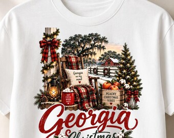Georgia Christmas PNG, Peach State Holiday Cabin Scene, Rustic Vintage Winter Shirt Design, Cozy Farmhouse Sublimation Artwork