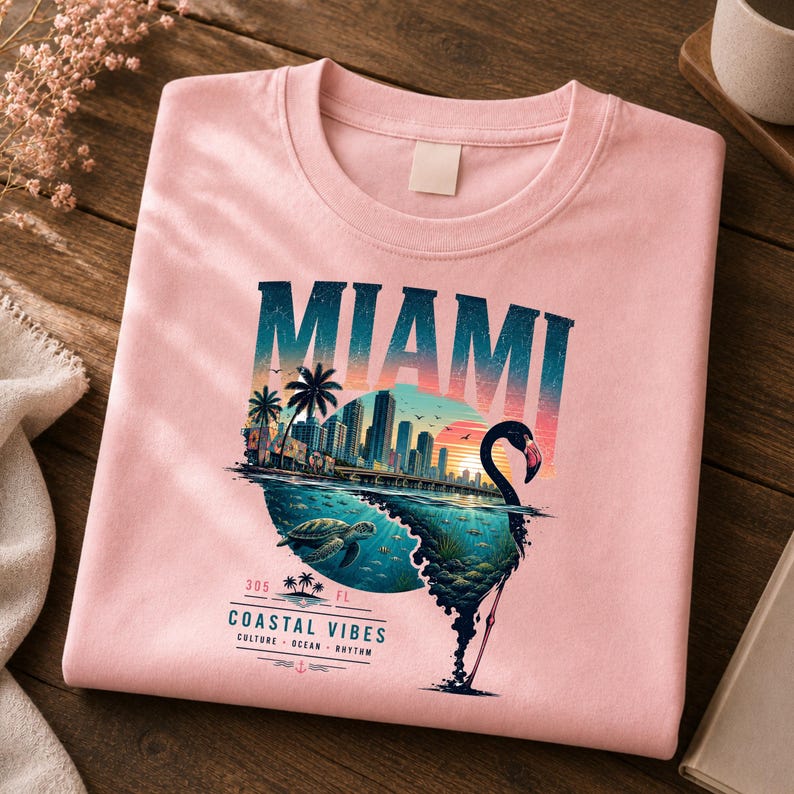 May include: A light pink t-shirt featuring a graphic print of the Miami skyline, a sea turtle, and a flamingo silhouette. The text reads MIAMI, 305 FL, COASTAL VIBES, and CULTURE OCEAN RHYTHM. The design incorporates sunset colors and ocean imagery.