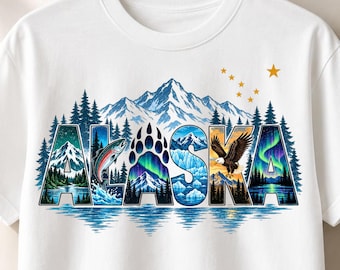 Alaska Wildlife PNG, Aurora Mountain Fish Eagle Paw Print Design, Vintage Outdoor Sublimation, Rustic Nature Shirt