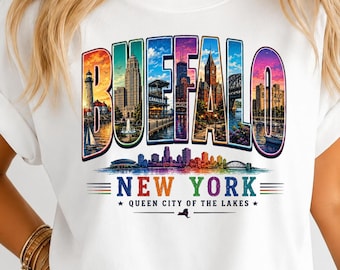 Buffalo New York PNG, Colorful Buffalo Skyline Design, Canalside Waterfront Cityscape, Vintage NY Travel Art, Sublimation PNG