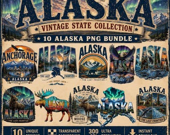 Alaska PNG Bundle, 10 Vintage State Art Designs, 300 DPI Digital Download