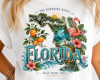 Florida PNG, Florida T Shirt Design, Sunshine State Graphic, Florida Travel Art, Tropical Florida Design, Flamingo Orange Wildlife