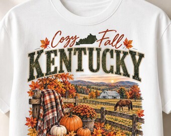 Kentucky Cozy Fall PNG, Rustic Farmhouse Autumn Landscape, Vintage Distressed Country Shirt Design, Pumpkin Harvest Sublimation Artwork