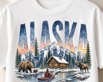Alaska PNG, Winter Wilderness Design, Last Frontier Graphic, Alaska Adventure Shirt, Mountain Cabin Artwork, Bear Moose Wilderness Gift