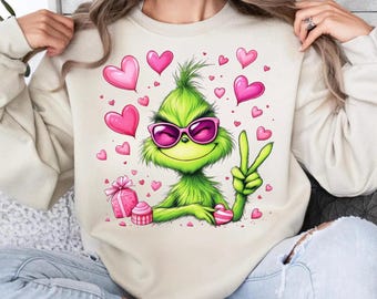 Grinch Valentine&#39;s Day PNG: Heart Shirt Design , Funny Valentine Design  (Digital Download)