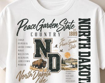 North Dakota PNG, Peace Garden State Country Design, Bison Badlands Oil Rig City List, Vintage Collegiate Sublimation, Sublimation PNG File