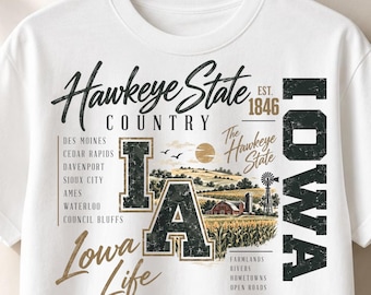 Iowa PNG, Hawkeye State Country Design, Farm Barn Windmill City List, Vintage Collegiate Sublimation, Sublimation PNG File