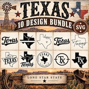 Könnte beinhalten: Ein digitales Design-Paket mit zehn schwarz-weißen Grafiken zum Thema Texas. Die Sammlung umfasst Staatsumrisse, Longhorn-Schädel, Typografie und kreisförmige Embleme. Der Hintergrund zeigt eine rustikale Landschaft mit einer Windmühle und Zaun.