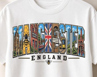 Manchester England PNG, Worker Bee City Skyline Design, Northern Quarter Union Jack Tram, Vintage Letter Collage Art, Sublimation PNG File