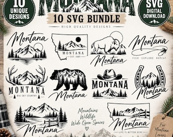 Montana SVG Bundle, 10 Montana Designs, Montana State SVG, Western SVG, Mountain Svg, Bison Svg, Fishing Svg, T Shirt Cut Files