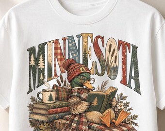 Minnesota PNG, Cozy Duck Reading Design, Beanie Glasses Book Cabin Art, Vintage Patchwork Sublimation, Sublimation PNG File