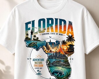 Florida Sunshine State Map Art, Coastal Wildlife, Beach Sunset, Rocket (Digital Download)