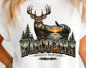 Wisconsin PNG, Wisconsin T Shirt Design, Dairyland Graphic, Wisconsin Deer Art, Lake Cabin PNG, Midwest Travel Design, Rustic Outdoors