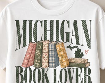 Michigan Book Lover PNG, Floral Book Stack Design, Polka Dot Letters State Map Heart, Vintage Cottagecore Sublimation, Sublimation PNG File
