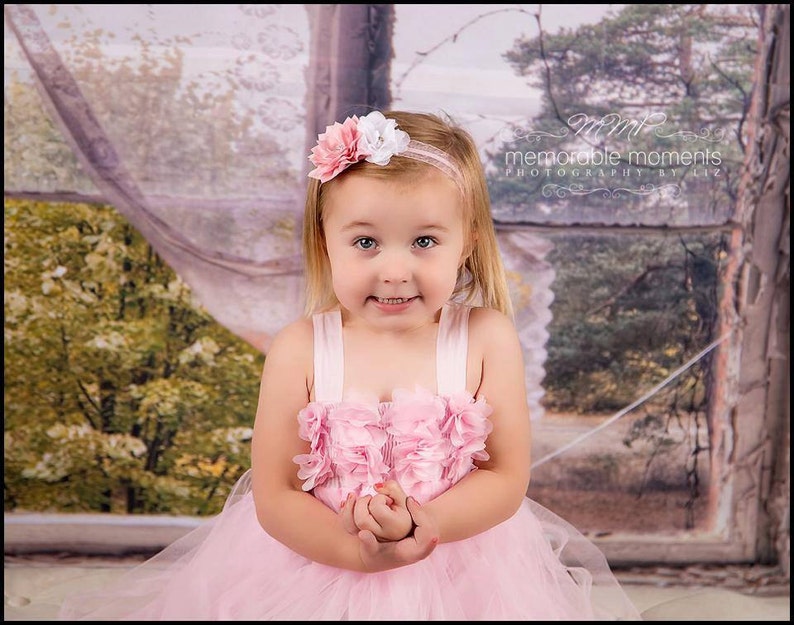girl birthday gift baby shower gift, cake smash outfit flower girl headband light pink elastic headband white flower headband