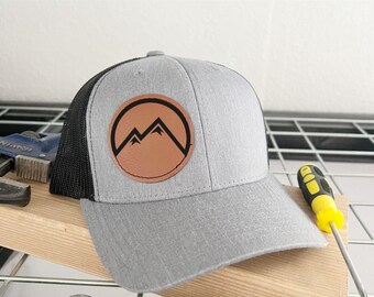 Mountain Climbing Dad Hat, Sunset Mountain Snapback Hat, Personalized Camping Lover Hat, Adventure Hat with Leather Patch, Trucker Hat